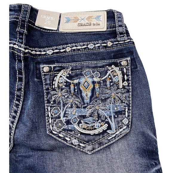 Grace in LA Women's Western Steer Cow Head Distressed Bootcut Stretch Jeans - Picture 4 of 7